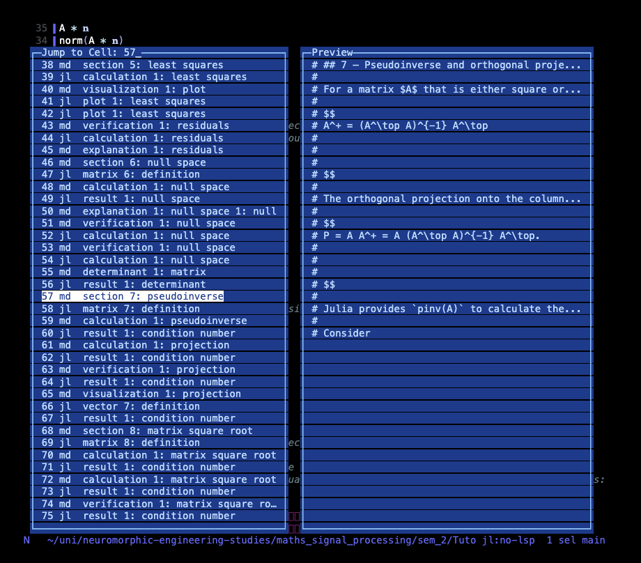 The cell navigator listing every cell by index, kind, and label, with a live preview pane